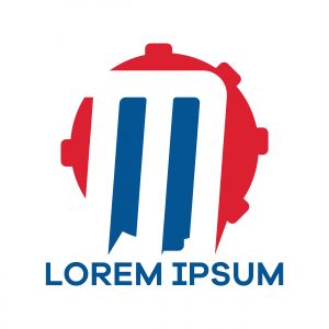 M letter logo design. Letter m in gear shape vector illustration.	