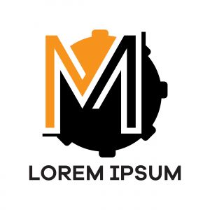 M letter logo design. Letter m in gear shape vector illustration.	