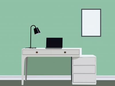 Designer Desk vector illustration, office work space table with laptop.