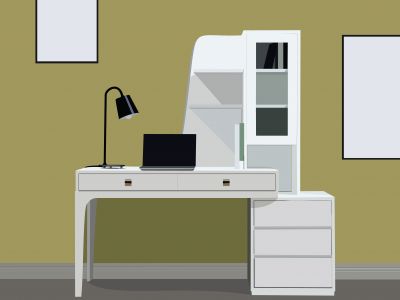 Graphics designer desk with laptop vector illustration. Beautiful office workspace furniture poster on wall mock-up vector.	