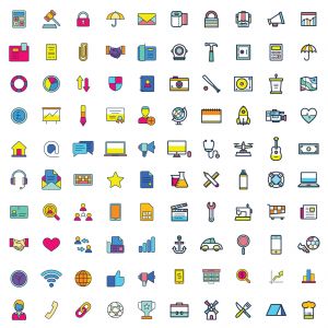 Web vector icons, Colorful icon designs, flat icons set, beautiful icons, business and technology icons, outline icons.