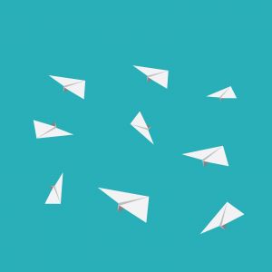 Red paper plane changing direction from white up to the sky. new idea. different business concepts. Courage to risk. leadership. illustration cartoon vector