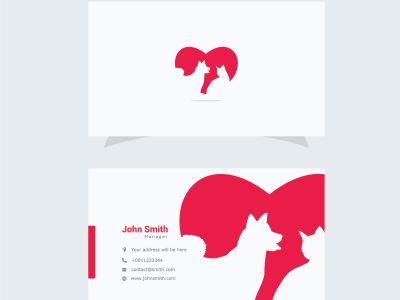 Business Card Design with Clean and Elegant animal Logo. Pets hospital, cat or dog in heart icon.	