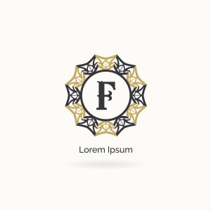 Golden F letter logo design. Luxury letter F monogram. Cosmetics and beauty product mandala illustration..