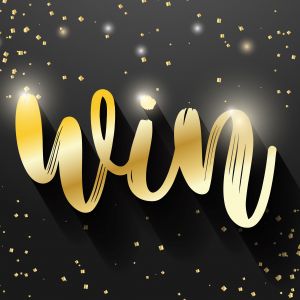 Win sign vector banner design, Golden win text.	