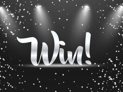 Win sign vector banner design, Golden win text.