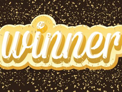 Winner frame label with falling confetti. Light Bulb Frame on Blue Curtain Background with wording Winner. Vector Illustration.