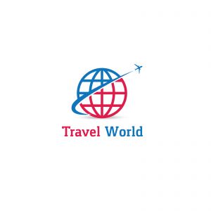 Travel logo design. Airplane in globe vector illustration. World tour and tourism symbol.