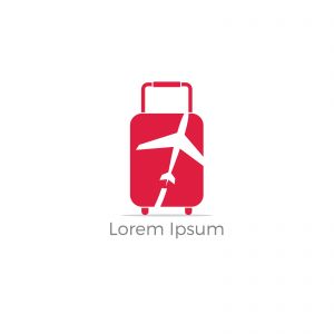 Travel logo design. Airplane in bag vector illustration. World tour and tourism symbol.
