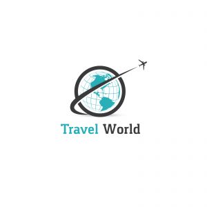 Travel logo design. Airplane in globe vector illustration. World tour and tourism symbol.