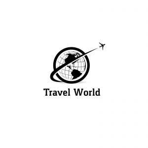 Travel logo design. Airplane in globe vector illustration. World tour and tourism symbol.