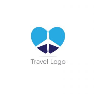 Travel logo design. Airplane in heart vector illustration. World tour and tourism symbol.