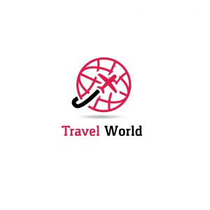 Travel logo design. Airplane in globe vector illustration. World tour and tourism symbol.