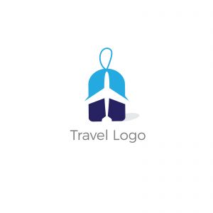 Travel logo design. Airplane in tag vector illustration. World tour and tourism symbol.