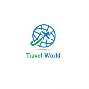 Travel logo design. Airplane in globe vector illustration. World tour and tourism symbol.