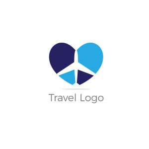 Travel logo design. Airplane in heart vector illustration. World tour and tourism symbol.