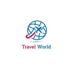 Travel logo design. Airplane in globe vector illustration. World tour and tourism symbol.