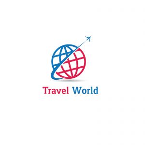 Travel logo design. Airplane in globe vector illustration. World tour and tourism symbol.