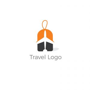Travel logo design. Airplane in tag vector illustration. World tour and tourism symbol.