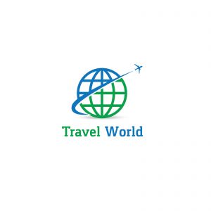 Travel logo design. Airplane in globe vector illustration. World tour and tourism symbol.
