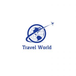 Travel logo design. Airplane in globe vector illustration. World tour and tourism symbol.