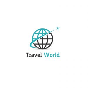 Travel logo design. Airplane in globe vector illustration. World tour and tourism symbol.