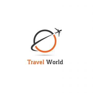 Travel logo design. Airplane in globe vector illustration. World tour and tourism symbol.