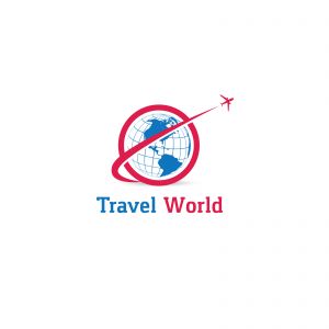 Travel logo design. Airplane in globe vector illustration. World tour and tourism symbol.