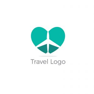 Travel logo design. Airplane in heart vector illustration. World tour and tourism symbol.