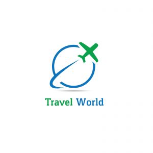 Travel logo design. Airplane in globe vector illustration. World tour and tourism symbol.