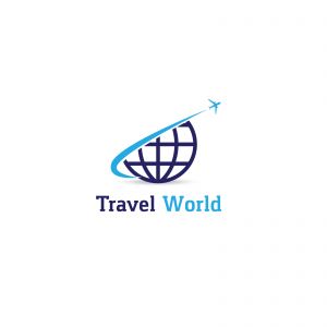 Travel logo design. Airplane in globe vector illustration. World tour and tourism symbol.