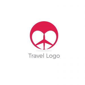 Travel logo design. Airplane in heart vector illustration. World tour and tourism symbol.