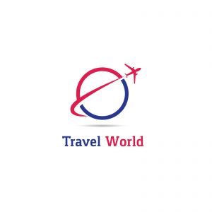 Travel logo design. Airplane in globe vector illustration. World tour and tourism symbol.