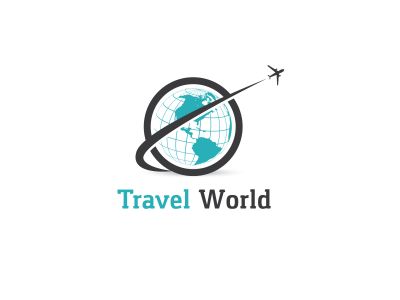 Travel logo design. Airplane in globe vector illustration. World tour and tourism symbol.