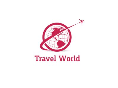 Travel logo design. Airplane in globe vector illustration. World tour and tourism symbol.