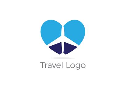 Travel logo design. Airplane in heart vector illustration. World tour and tourism symbol.