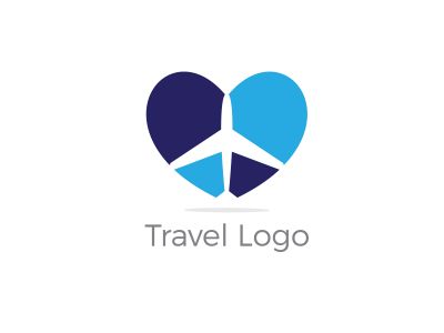 Travel logo design. Airplane in heart vector illustration. World tour and tourism symbol.