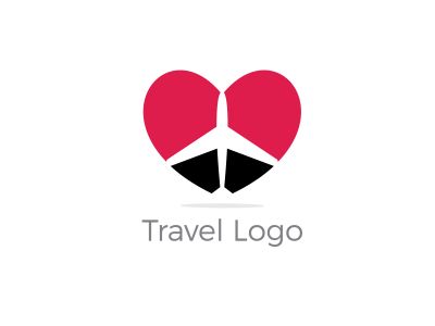 Travel logo design. Airplane in heart vector illustration. World tour and tourism symbol.