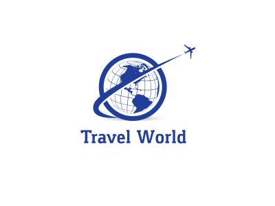 Travel logo design. Airplane in globe vector illustration. World tour and tourism symbol.