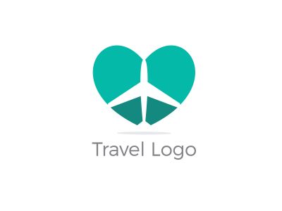 Travel logo design. Airplane in heart vector illustration. World tour and tourism symbol.
