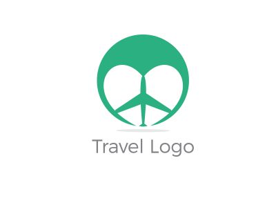 Travel logo design. Airplane in heart vector illustration. World tour and tourism symbol.