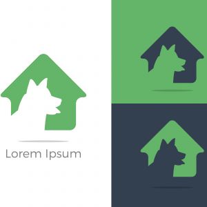 Dog logo, pet and animal health and care vector icons, low poly dogs in medical cross, star and home illustration.