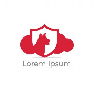Dog in cloud vector logo design. pet safety and security icon. Dog in shield illustration.	