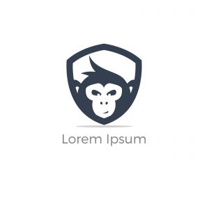 Monkey in shield logo design, monkey vector icon, animal illustration	