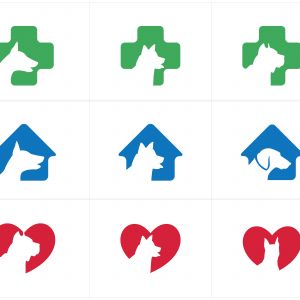 Dog logos set, pet and animal health and care hospital vector icons, low poly dogs in medical cross, star and home illustration.