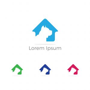 Pet care logo, dog in heart vector icon, dog safety and security, animal lover illustration.	