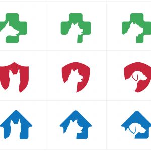 Dog logos set, pet and animal health and care hospital vector icons, low poly dogs in medical cross, star and home illustration.