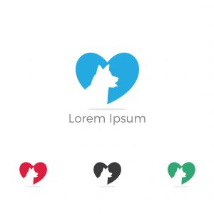 Pet care logo, dog in heart vector icon, dog safety and security, animal lover illustration