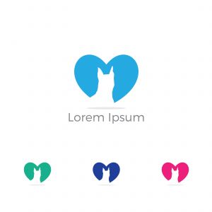 Pet care logo, dog in heart vector icon, dog safety and security, animal lover illustration.