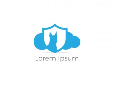 Dog in cloud vector logo design. pet safety and security icon. Dog in shield illustration.	